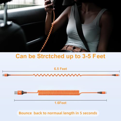 Coiled USB A to USB C Cable for Car [6FT (6FT / Orange)