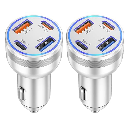4 Port USB C Car Charger Fast Charging (2 Pack / Silver)