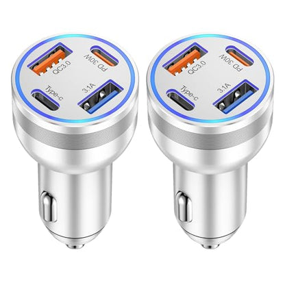 4 Port USB C Car Charger Fast Charging (2 Pack / Silver)