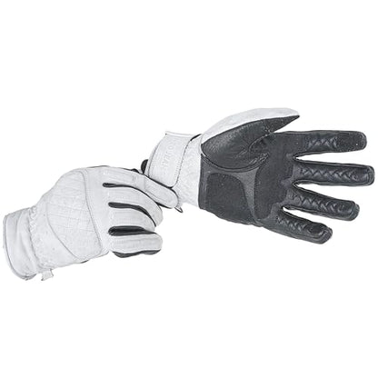 Leather Motorcycle Gloves for Men with Soft Polyester Lining Bike Riding Gloves with Grip Patches on Palm and Accordion Panels on Fingers and Cuff (X-Small / Diamond White/Black)