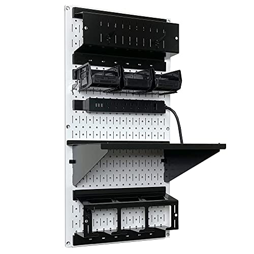 Power Tool Storage Organizer Kit Cordless Drill Holder Charging Station Rack 16” x 32” Metal Pegboard Organization System (White Pegboard)