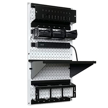Power Tool Storage Organizer Kit Cordless Drill Holder Charging Station Rack 16” x 32” Metal Pegboard Organization System (White Pegboard)