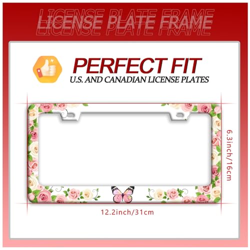 Pink Butterfly License Plate Frame Stainless Steel Flowers License Holder (Pink Butterfly Floral Flowers)