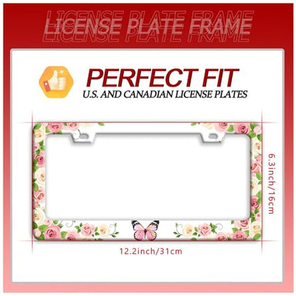 Pink Butterfly License Plate Frame Stainless Steel Flowers License Holder (Pink Butterfly Floral Flowers)