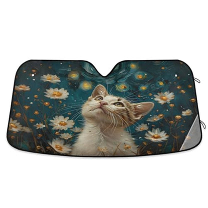 Car Windshield Sun Shade Cat Daisy Flowers Foldable Car Front Windshield Sunshade Blocks UV Rays Sun Visor Sun Heat Protection for Car Truck SUV to Keep Your Vehicle Cool (Small / Cat Daisy Flowers)