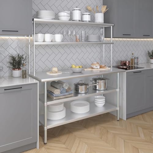 Stainless Steel Work Table with 2 Shelves (24" x 60" Table With 2 Shelves + 12" Overshelf)