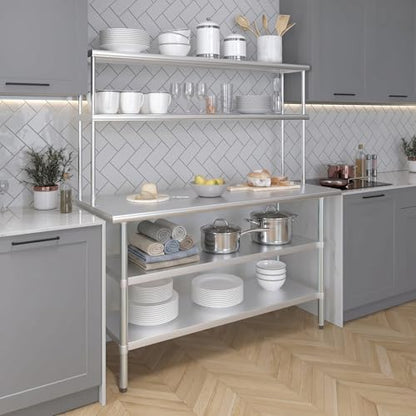 Stainless Steel Work Table with 2 Shelves (24" x 60" Table With 2 Shelves + 12" Overshelf)