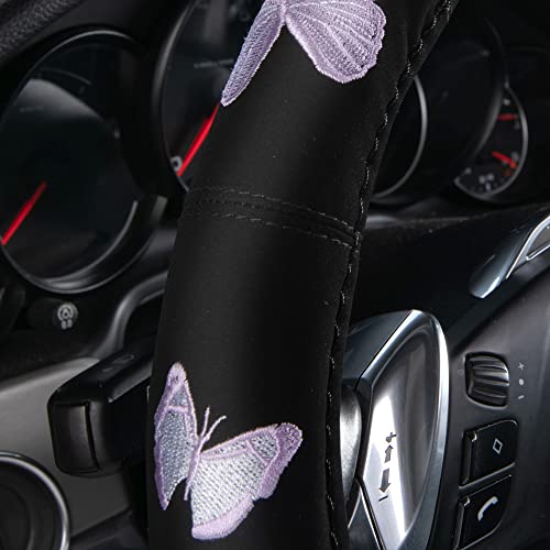 Purple Embroidery Butterfly Steering Wheel Cover (Black and Purple)