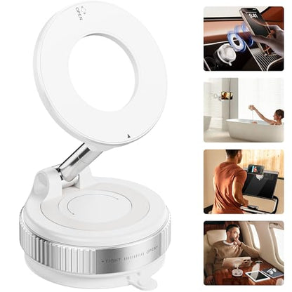 Strong Magnetic Car Phone Holder for MagSafe Ultra Vacuum Suction Cup Phone Mount 360° Cell Phone Holders for Your Car Accessories for iPhone 16 15 14 13 12 Android (White)