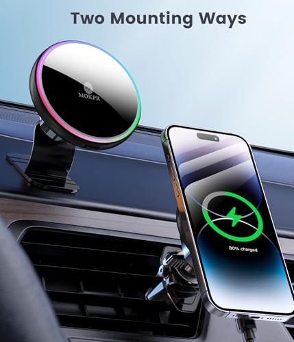 for Magsafe Car Mount Charger 15W LED RGB Car Phone Holder for Dash Vent (A Colorful Charger)