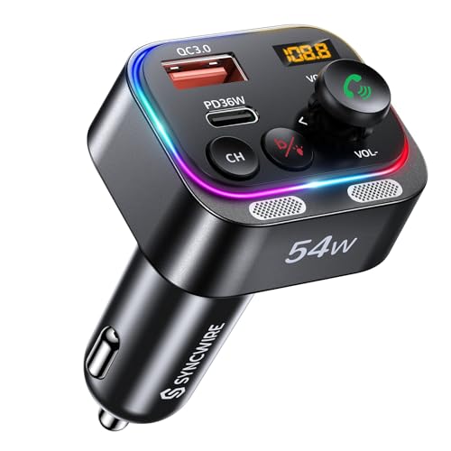 Bluetooth 5.4 FM Transmitter Car Adapter 54W with Light Switch (Black)