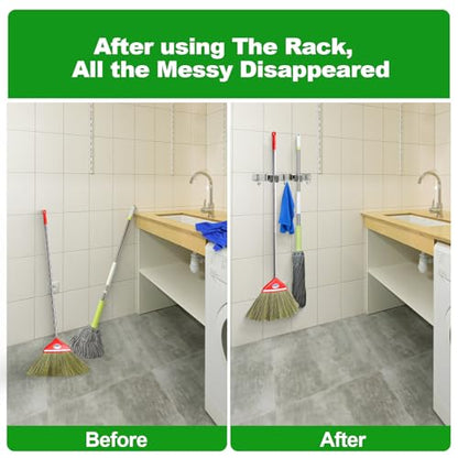 2 Racks and 3 Hooks Mop and Broom Holder Wall Mount (2 Racks 3 Hooks / Black)