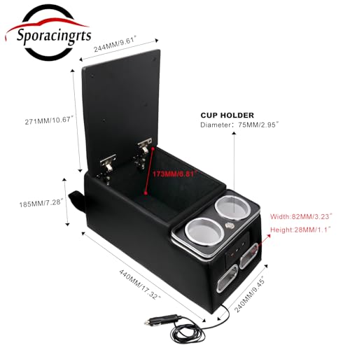 Center Console Organizer with LED Light and Cup Holders (Black)