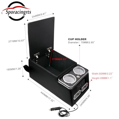 Center Console Organizer with LED Light and Cup Holders (Black)