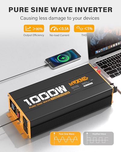 1000W Pure Sine Wave Power Inverter 12V DC to 110V 120V AC Converter with 2 AC Outlets (1000w-12v)