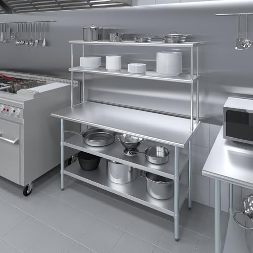 Stainless Steel Work Table with 2 Shelves (24" x 60" Table With 2 Shelves + 12" Overshelf)