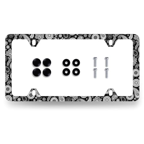 Black White Paisley Stainless Steel Boho License Plate Frame 12.2 x 6.2Inch (Black and White Paisley Print)