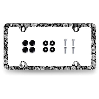 Black White Paisley Stainless Steel Boho License Plate Frame 12.2 x 6.2Inch (Black and White Paisley Print)