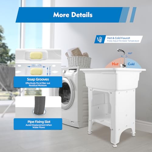 Freestanding Utility Sink Plastic Laundry Sink Spacious Laundry Tub Sink with Storage Shelf Indoor Outdoor Slop Sink Wash Station for Bathroom Laundry Washing Room (B / White-25.6*21.65*31.5in)