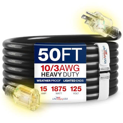 50ft Outdoor Indoor Extension Cord 10 (50 FT / 10AWG / Black)