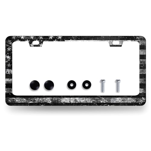 Stainless Steel Vintage Black Grey American License Plate Frame 12.2 x 6.2 (Black Grey American Retro Flag)