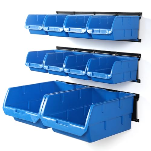 10 Bin Wall Mounted Plastic Storage Bins Hanging Organizer Bins (Blue / 10Bins+3Rails)