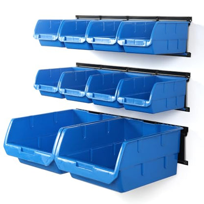 10 Bin Wall Mounted Plastic Storage Bins Hanging Organizer Bins (Blue / 10Bins+3Rails)