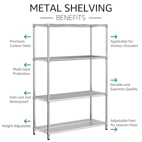 3400 LBS Garage Shelving Wide Storage Shelves 4 Tier Metal Shelves Heavy Duty Adjustable Utility Shelf Rack Chrome 17.7" D x 47.2" W x 70.4" H (4 Tier, 17.7" D x 47.2" W x 70.4" H / Chrome)
