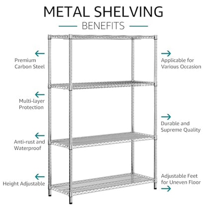 3400 LBS Garage Shelving Wide Storage Shelves 4 Tier Metal Shelves Heavy Duty Adjustable Utility Shelf Rack Chrome 17.7" D x 47.2" W x 70.4" H (4 Tier, 17.7" D x 47.2" W x 70.4" H / Chrome)
