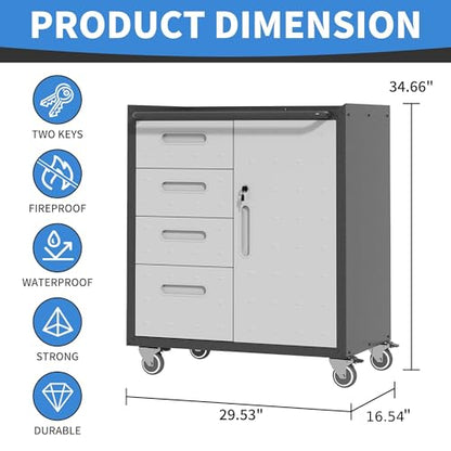 Metal Storage Cabinet for Garage (Black & Gray / M - 4 Drawers & 1 Door (Wheeled))