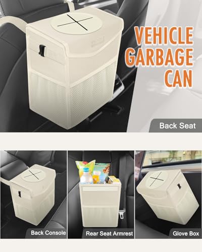 Car Trash Can with Lid Leakproof Car Garbage Bag Vehicle Trash Bin (2.8 Gallons / Beige)