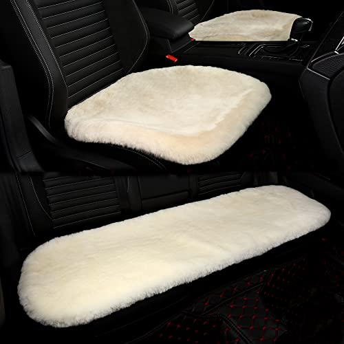 Genuine Sheepskin Car Seat Cushion Seat Covers for Cars Trucks SUV Comfort Seat Protector Pad for Car Driver Seat Car Accessories (Pearl / 2 Front Seat Cushions & Bench Seat Cushion-3 Pcs)