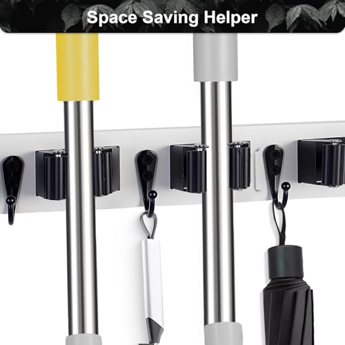 Broom Holder Wall Mount With 5 Slots & 4 Hooks (White)
