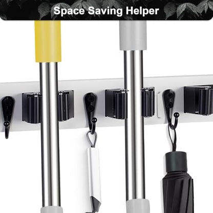 Broom Holder Wall Mount With 5 Slots & 4 Hooks (White)