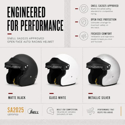 Snell SA2025 Approved Open Face Auto Racing Race Car Helmet (Medium / Silver)