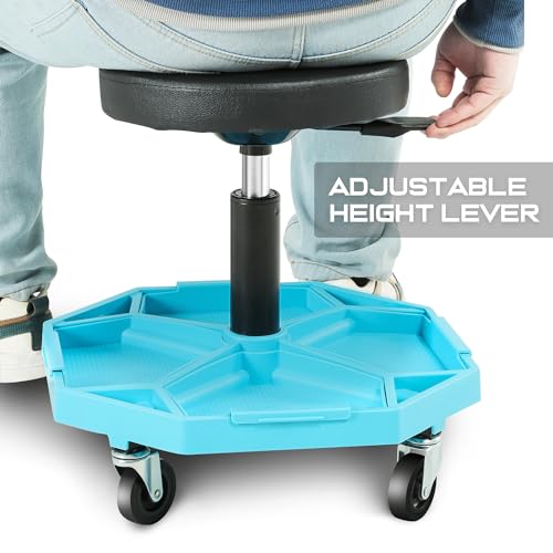 Adjustable Height Pneumatic Garage Seat Rolling Mechanic Stool with Tool Tray Storage (Blue)