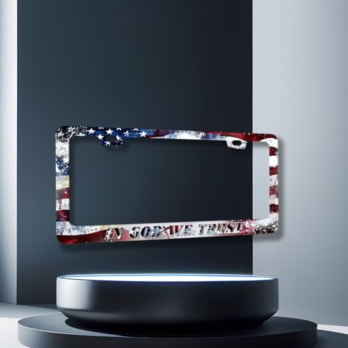 in God We Trust License Plate Frame American License Holder with 2 Holes (In God We Trust With American Flag)
