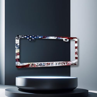 in God We Trust License Plate Frame American License Holder with 2 Holes (In God We Trust With American Flag)