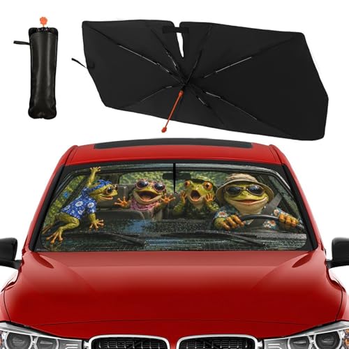 Frog Driving Car Windshield Sun Shade Umbrella Bendable Handle Foldable Funny Frog Driving Sunshade for Car Windshield Block UV Rays Keep Vehicle Cool for Most Sedans SUV Trucks Cars 57"x30" (147*75cm,33*11cm / Funny Frog Driving)