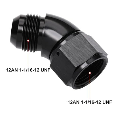 45 Degree 12AN Male to 12AN Female Swivel Full Flow Fitting Adapter Coupler Aluminum Black (12AN / Black - 45 Degree)