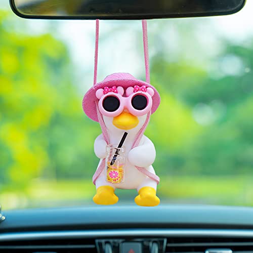 Pink Car Accessories for Women Girl of Swinging Duck Car Hanging Ornament Cute Cool Decorations Rear View Mirror Hanging Accessories Pendant Charm (S)