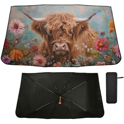 Windshield Sun Shade Umbrella Highland Cows Florals Foldable Car Front Window Sunshade Blocks UV Rays Heat Keep Vehicle Cool 55"x27.5" (multi 9)