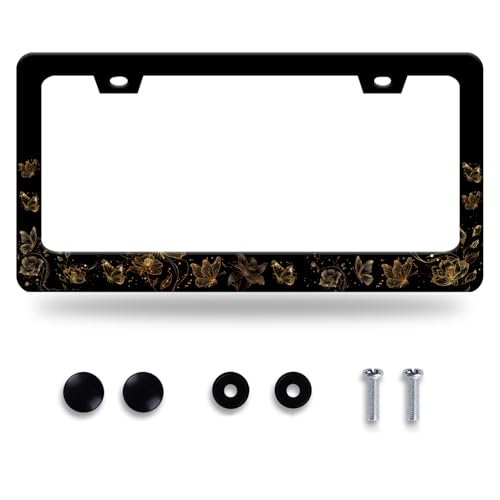 Golden Butterfly License Plate Frame Stainless Steel Accessory 12.3x6.3Inch (Golden Butterfly Pattern)