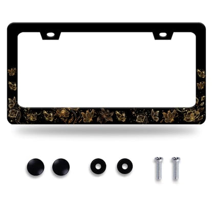 Golden Butterfly License Plate Frame Stainless Steel Accessory 12.3x6.3Inch (Golden Butterfly Pattern)