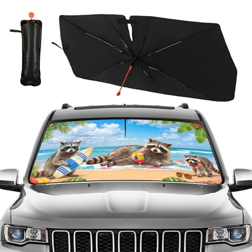 Funny Raccoon Car Windshield Sun Shade Umbrella Hawaiian Raccoon Car Sun Shade Umbrella Block UV Rays Heat Foldable Windshield Umbrella Sun Visor Protector (Racc-3)