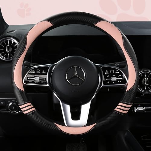 Car Steering Wheel Covers for Women Padded Carbon Fiber PU Leather Cute Auto Interior Accessories for Vehicle (Pink+Black / Standard Size[14.75-15.15"](37.5-38.5cm))