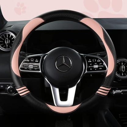 Car Steering Wheel Covers for Women Padded Carbon Fiber PU Leather Cute Auto Interior Accessories for Vehicle (Pink+Black / Standard Size[14.75-15.15"](37.5-38.5cm))