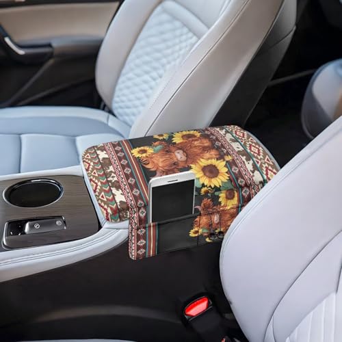 Aztec Highland Cow Sunflower Center Console Cover Non (Aztec Highland Cow Sunflower Claret)