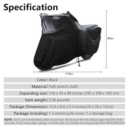 Motorcycle Cover Soft Stretch Waterproof Motor Cover Dustproof Durable Motorbike Cover for Indoor and Outdoor (116 x 55 x 43 inches)