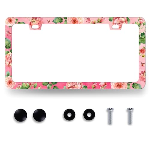 Stainless Steel Rose Pink Floral Flower License Plate Frame 12.3 x 6.3 Incj (Watercolor Roses Pink Floral)